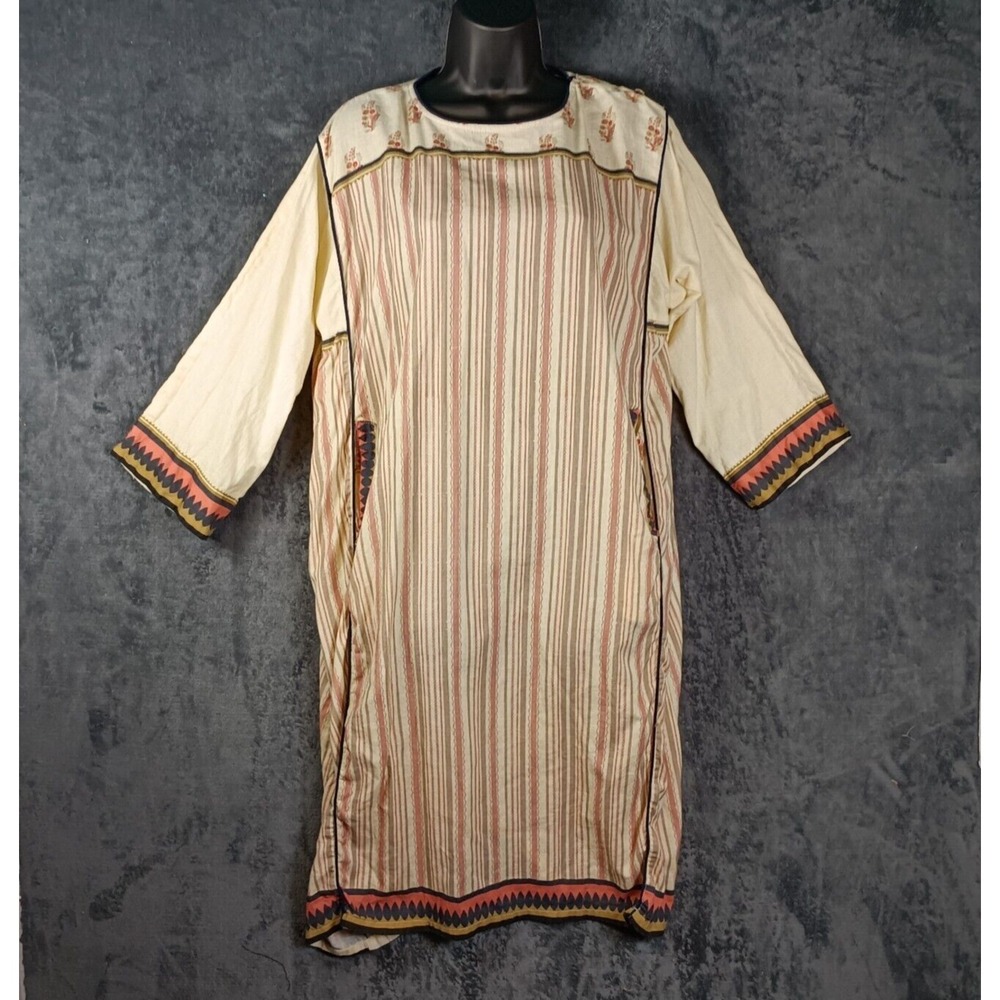 Kaitan Company Tunic Dress Women Medium Tan Cotton Striped Kurti Boho India
